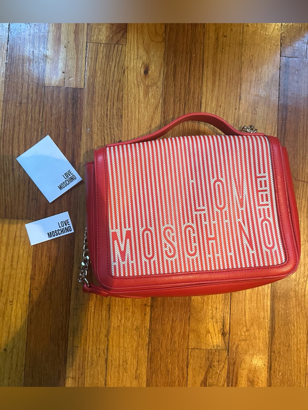 Love Moschino Red and White Logo Top-Handle Crossbody